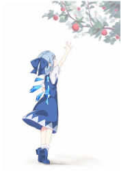 Rule 34 | 1girl, apple, arm up, asutora, blue bow, blue dress, blue eyes, blue footwear, blue hair, blue wings, blush, bow, branch, cirno, commentary request, dress, food, fruit, full body, hair bow, highres, ice, ice wings, leaf, looking up, profile, reaching, reaching towards viewer, shadow, shoes, short hair, short sleeves, simple background, socks, solo, standing, tiptoes, touhou, white background, white socks, wings