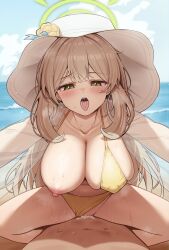 Rule 34 | 1boy, 1girl, absurdres, beach, bikini, bikini bottom aside, blue archive, blush, breasts, cleavage, clothing aside, collarbone, cum, day, green eyes, green halo, halo, hat, hetero, highres, jacket, large breasts, light brown hair, long hair, nipples, nonomi (blue archive), nonomi (swimsuit) (blue archive), ocean, official alternate costume, open clothes, open jacket, open mouth, outdoors, rank alee, revision, see-through, see-through jacket, sex, sun hat, swimsuit, tongue, tongue out, vaginal, white headwear, yellow bikini