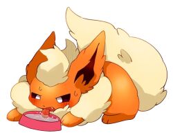 Rule 34 | animal focus, blonde hair, blush, bowl, creatures (company), drinking, fang, flareon, game freak, gen 1 pokemon, harusaki room, looking down, lying, nintendo, open mouth, pokemon, pokemon (creature), simple background, solo, white background