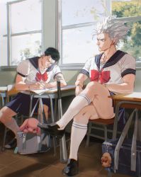 Rule 34 | 2boys, absurdres, bag, baseball bat, black footwear, black hair, black skirt, bracelet, brown hair, chair, classroom, closed mouth, collared shirt, crossdressing, crossed legs, ctstudio (executional), desk, frilled panties, frills, full body, garou (one-punch man), highres, holding, holding pencil, in bag, in container, indoors, jewelry, kinzoku bat, leg hold, looking at another, looking down, looking to the side, male focus, multiple boys, neckerchief, on chair, one-punch man, panties, pantyshot, pencil, pendant, pleated skirt, pompadour, rabbit, red neckerchief, red ribbon, ribbon, sailor collar, sandals, school bag, school chair, school desk, school uniform, serafuku, shirt, shoes, short hair, sitting, sitting sideways, skirt, socks, spread legs, stuffed animal, stuffed rabbit, stuffed toy, underwear, white hair, white socks, window, writing