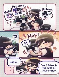 Rule 34 | !, !!, 2boys, animal, black eyes, black hair, black sweater vest, cat, closed eyes, collared shirt, colored skin, english text, flying sweatdrops, hero (headspace) (omori), hero (omori), highres, holding, holding animal, hug, mewo, multiple boys, omori, omori (omori), shirt, short sleeves, speech bubble, spoilers, spoken exclamation mark, sunny (omori), sweater vest, thought bubble, wakame (vhai26uhykmqb9k), white shirt, white skin