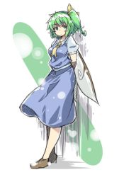 Rule 34 | 1girl, against wall, arms behind back, ascot, blue dress, bow, breasts, closed mouth, daiyousei, dress, fairy wings, from side, full body, green eyes, green hair, hair bow, highres, looking at viewer, looking to the side, medium breasts, ototobe, puffy short sleeves, puffy sleeves, short sleeves, side ponytail, solo, standing, touhou, wings
