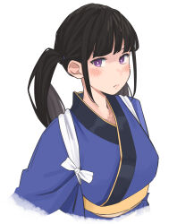 Rule 34 | 1girl, absurdres, black hair, blue kimono, blush, closed mouth, commentary, cropped torso, highres, inoue takina, japanese clothes, kimono, lewdrawings, long hair, looking at viewer, lycoris recoil, official alternate costume, purple eyes, romaji commentary, sidelocks, simple background, solo, twintails, white background