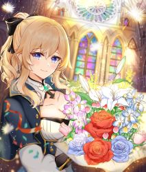 Rule 34 | 1girl, birthday, black bow, blonde hair, blue eyes, bouquet, bow, breasts, capelet, church, cleavage, closed mouth, cocoa 11vv, commentary, dandelion, flower, genshin impact, hair bow, high collar, highres, holding, holding bouquet, indoors, jean (genshin impact), looking at viewer, medium breasts, ponytail, sidelocks, smile, solo, upper body