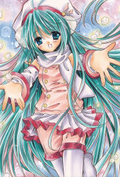 Rule 34 | 1girl, :d, absurdres, aqua eyes, aqua hair, bad id, bad pixiv id, detached sleeves, hat, hatsune miku, highres, long hair, marker (medium), open mouth, outstretched arms, project diva (series), project diva 2nd, reaching, reaching towards viewer, scarf, shoukichi, skirt, smile, solo, thighhighs, traditional media, very long hair, vocaloid, white scarf