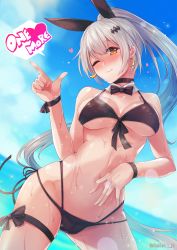 Rule 34 | beach, bikini, black bikini, blush, breasts, day, earrings, five-seven (cruise queen) (girls&#039; frontline), five-seven (girls&#039; frontline), girls&#039; frontline, highres, jewelry, leg ribbon, long hair, looking at viewer, official alternate costume, one eye closed, outdoors, ponytail, rebe11, ribbon, silver hair, sky, swimsuit, thigh ribbon, wet