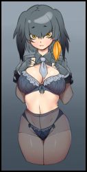 Rule 34 | 10s, 1girl, absurdres, black border, black bra, black hair, black panties, blue necktie, blush, border, bra, breasts, brown pantyhose, cleavage, clothes lift, collared shirt, cropped legs, fingerless gloves, frilled bra, frilled panties, frills, gloves, gradient hair, grey background, grey gloves, grey hair, grey pantyhose, groin, gusset, hands on own chest, head wings, highres, kemono friends, large breasts, legs together, lifting own clothes, lingerie, looking at viewer, multicolored hair, naidong (artist), navel, necktie, panties, panties under pantyhose, pantyhose, resized, shirt, shirt lift, shoebill (kemono friends), short hair, short necktie, short sleeves, simple background, sleeve cuffs, solo, standing, stomach, underwear, upscaled, wide hips, wing collar, wings, yellow eyes