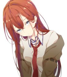 Rule 34 | 1girl, blue eyes, breasts, collared shirt, expressionless, highres, jacket, looking at viewer, mai (12mai0426), makise kurisu, necktie, off shoulder, red hair, shirt, simple background, small breasts, solo, steins;gate, straight hair, upper body, white background