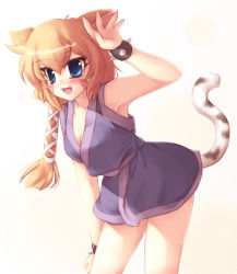 Rule 34 | 1girl, animal ears, bare shoulders, bent over, blue eyes, blush, bracelet, braid, breasts, cat ears, cat girl, cat tail, cleavage, dd tatsuki, facial mark, fang, ganbare goemon, japanese clothes, jewelry, kimono, leaning forward, long hair, medium breasts, no gloves, open mouth, orange hair, single braid, smile, solo, spiked bracelet, spikes, standing, suzaku (ganbare goemon), tail, white background