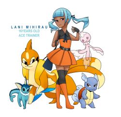 Rule 34 | 10s, 1girl, :3, ace trainer (pokemon), bad anatomy, belt, blue hair, blunt bangs, boots, brown eyes, character name, commentary, creatures (company), dark skin, eeveelution project, fingerless gloves, floatzel, frillish, game freak, gen 1 pokemon, gen 4 pokemon, gen 5 pokemon, gloves, knee boots, lani mihirau, looking at viewer, loony bear, multiple tails, nintendo, npc trainer, original, poke ball, pokemon, pokemon (creature), pokemon bw, poorly drawn, simple background, smile, standing, tail, thighhighs, twintails, vaporeon, wartortle, white background, zettai ryouiki