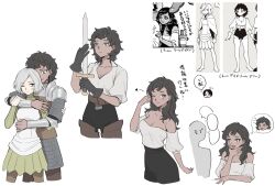 Rule 34 | 2girls, :p, armor, bags under eyes, behind another, belt, black eyes, black hair, blue eyes, boots, breasts, chainmail, chibi, chibi inset, cleavage, curly hair, dark-skinned male, dark skin, dungeon meshi, elf, genderswap, genderswap (mtf), gloves, grabbing, grabbing from behind, grey hair, highres, holding, holding sword, holding weapon, kabru, leather armor, long hair, medium breasts, medium hair, mithrun, multiple girls, norinorirandom, notched ear, off-shoulder shirt, off shoulder, one eye closed, pauldrons, pointy ears, reference inset, shirt, short bangs, short hair, shoulder armor, single pauldron, small breasts, smile, sweatdrop, sword, thigh boots, tongue, tongue out, wavy hair, weapon