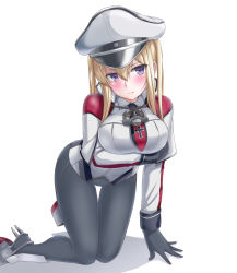 Rule 34 | 1girl, black gloves, black pantyhose, blonde hair, blue eyes, blush, breasts, finger gun, gloves, graf zeppelin (kancolle), hair between eyes, hat, heart, heart-shaped pupils, highres, kantai collection, kneeling, large breasts, leixue kongling, long hair, military, military hat, military uniform, necktie, pantyhose, simple background, solo, symbol-shaped pupils, twintails, uniform, white background