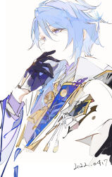 Rule 34 | 1boy, blue hair, brooch, commentary, covering own mouth, dated, expressionless, ezu (e104mjd), genshin impact, gold trim, highres, jacket, jewelry, kamisato ayato, light blue hair, looking afar, male focus, purple eyes, short hair, simple background, single sidelock, solo, symbol-only commentary, upper body, white background, white jacket