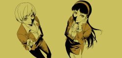 Rule 34 | 2girls, amagi yukiko, arm across waist, atlus, black hair, breasts, brown eyes, brown theme, cleavage, couple, formal, gintama, green background, hairband, hand on own face, head rest, legs, long hair, looking at viewer, monochrome, multiple girls, pant suit, pants, parody, persona, persona 4, pointing, satonaka chie, short hair, simple background, skirt, skirt suit, smile, standing, suit, tomboy, uzu hi