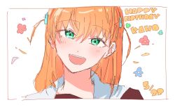 Rule 34 | 1girl, :d, blush, border, character name, commentary request, crossed bangs, dated, flower (symbol), green eyes, hair ornament, half-closed eyes, happy birthday, hasu no sora school uniform, head tilt, highres, hinoshita kaho, inset border, link! like! love live!, looking at viewer, love live!, medium hair, myuu (mmyu ull), open mouth, orange hair, rabbit hair ornament, sailor collar, school uniform, smile, solo, teeth, two side up, upper body, upper teeth only, virtual youtuber, white background, white border, white sailor collar, winter uniform