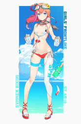 Rule 34 | 1girl, absurdres, alternate costume, aosora kamiya, asymmetrical legwear, beer can, bikini, blue eyes, blush, breasts, can, character name, chibi, closed mouth, cloud, cloudy sky, collarbone, copyright name, day, drink can, flower, front-tie bikini top, front-tie top, girls&#039; frontline, gluteal fold, goggles, goggles on head, hair flower, hair ornament, highres, kerchief, long hair, looking at viewer, low-tied long hair, m4 sopmod ii (girls&#039; frontline), mismatched bikini, multicolored clothes, multicolored swimsuit, navel, on shoulder, one side up, outdoors, parted lips, red bikini, red hair, revealing clothes, sandals, side-tie bikini bottom, sky, small breasts, solo, st ar-15 (girls&#039; frontline), suntory, swimsuit, thigh strap, thighs, two-tone swimsuit, uneven legwear, wavy hair, white bikini, yellow flower
