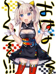 Rule 34 | 1girl, :d, ahoge, bad id, bad pixiv id, bare shoulders, black dress, blue eyes, blush, breasts, cleavage, cleavage cutout, clothing cutout, cowboy shot, dress, eyebrows, eyelashes, fang, grey outline, hair ornament, hairclip, kaguya luna, large breasts, legs apart, long hair, minamiya mia, multicolored eyes, obi, open mouth, outline, pink eyes, red thighhighs, ribbon, sash, short dress, silver hair, sleeveless, sleeveless dress, smile, solo, standing, striped ribbon, the moon studio, thighhighs, tongue, tsurime, turtleneck, twintails, vertical stripes, virtual youtuber, white ribbon, wrist ribbon, wristband, x hair ornament, zettai ryouiki