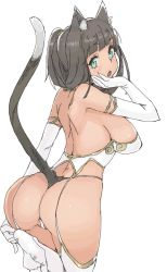 Rule 34 | 1girl, angelo (gomahangetsu), animal ears, ass, bare shoulders, black hair, breasts, bustier, cat ears, cat tail, elbow gloves, fang, from behind, garter straps, gloves, green eyes, highres, large breasts, leg up, looking back, one side up, open mouth, panties, sideboob, simple background, solo, tail, thighhighs, thong, underwear, white background, white gloves, white legwear, white panties