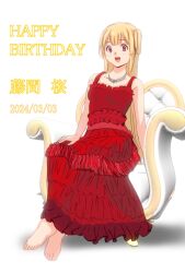 Rule 34 | 1girl, 22/7, barefoot, blonde hair, bxtbsy7q76gxh73, character name, dated, dress, fujima sakura, hair ornament, happy birthday, highres, jewelry, long hair, looking at viewer, necklace, open mouth, purple eyes, red dress, sitting, smile, solo, throne, white background