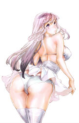 Rule 34 | 1girl, ass, bad id, bad pixiv id, blush, breasts, covered erect nipples, female focus, large breasts, long hair, looking at viewer, looking back, maeshima shigeki, miniskirt, original, panties, parted lips, pink eyes, pink hair, sideboob, simple background, skirt, solo, standing, thighhighs, underwear