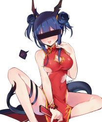 Rule 34 | 1girl, arknights, bar censor, blue hair, bracelet, breasts, cary, censored, ch&#039;en (ageless afterglow) (arknights), ch&#039;en (arknights), china dress, chinese clothes, cleavage, cleavage cutout, clothing cutout, covered navel, double bun, dragon horns, dragon tail, dress, folded fan, folding fan, hand fan, highres, holding, holding fan, horns, jewelry, medium breasts, official alternate costume, red dress, saliva, short hair, simple background, sitting, sleeveless, sleeveless dress, solo, spoken blush, tail, tongue, tongue out, torn clothes, torn dress, white background