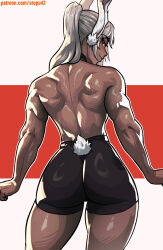 1girl alternate_costume animal_ears ass back bike_shorts black_choker black_shorts boku_no_hero_academia border choker clothing_cutout dark-skinned_female dark_skin from_behind hair_over_shoulder highres long_eyelashes long_hair looking_at_viewer looking_back median_furrow mirko parted_lips patreon_username ponytail rabbit_ears rabbit_girl rabbit_tail red_background red_eyes shirt shorts shoulder_blades smile solo stopu tail tail_through_clothes thick_thighs thighs tight_clothes tight_shirt toned toned_female topless_female white_border white_hair