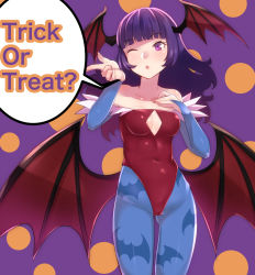 Rule 34 | 1girl, ;o, animal print, bad id, bad pixiv id, bare shoulders, bat print, bat wings, blowing kiss, blunt bangs, blush, bodysuit, breasts, bridal gauntlets, cameltoe, cleavage, cleavage cutout, clothing cutout, cosplay, covered navel, cowboy shot, demon girl, english text, feathers, female focus, fingernails, gluteal fold, halloween, hand on own chest, head wings, highleg, highleg leotard, highres, hime cut, kyuuso inukami, leotard, lilith aensland, lilith aensland (cosplay), long fingernails, long hair, looking at viewer, looking to the side, low wings, medium breasts, neck, one eye closed, ootori chacha, open mouth, pantyhose, pointing, polka dot, polka dot background, print pantyhose, purple background, purple eyes, purple hair, red leotard, skin tight, solo, speech bubble, standing, strapless, strapless leotard, talking, tokyo 7th sisters, trick or treat, vampire (game), wavy hair, wings, wink