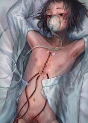 Rule 34 | 1girl, armpit hair, black eyes, black hair, blood, chimata, female focus, female pubic hair, flat chest, injury, intravenous drip, lying, medical, messy hair, naked shirt, navel, on back, on bed, open clothes, open shirt, original, out-of-frame censoring, oxygen mask, pubic hair, shirt, short hair, solo, stitches