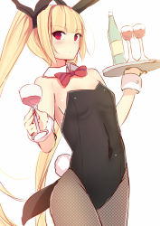Rule 34 | 1girl, :|, alcohol, alternate costume, animal ears, bare shoulders, black ribbon, blazblue, blonde hair, blunt bangs, blush, bottle, bow, bowtie, breasts, closed mouth, covered navel, cowboy shot, cup, daiaru, detached collar, drink, drinking glass, embarrassed, fake animal ears, fake tail, fishnet pantyhose, fishnets, from side, glass, hair ribbon, hand up, holding, leotard, long hair, looking at viewer, looking back, outstretched hand, pantyhose, playboy bunny, rabbit ears, rabbit tail, rachel alucard, red bow, red bowtie, red eyes, ribbon, sideboob, simple background, sketch, small breasts, solo, strapless, strapless leotard, tail, tray, twintails, very long hair, white background, wine, wine bottle, wine glass, wrist cuffs