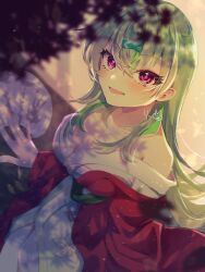 Rule 34 | 1girl, blurry, blurry foreground, breasts, cleavage, green hair, hair ornament, hand fan, heaven burns red, highres, japanese clothes, kimono, large breasts, long hair, looking at viewer, ooshima isuzu, purple eyes, red eyes, rin 0101010, solo, yukata