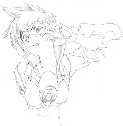 Rule 34 | 1girl, adjusting eyewear, bad id, bad twitter id, bodysuit, bomber jacket, breasts, chest harness, closed mouth, collarbone, facing viewer, gloves, goggles, greyscale, harness, jacket, looking away, monochrome, oishii ishiwata, overwatch, overwatch 1, popped collar, short hair, simple background, small breasts, smile, solo, spiked hair, tegaki, tongue, tongue out, tracer (overwatch), upper body, vambraces, white background