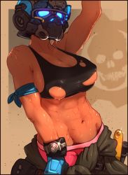 Rule 34 | 1girl, abs, arm up, armband, blue gloves, boyshort panties, breasts, cleavage, clothes around waist, clothes pull, commentary, covered face, dark skin, dark-skinned female, elizabeth carmine, english commentary, gears of war, gears of war 5, gloves, glowing, groin, helmet, highres, justrube, large breasts, midriff, navel, pants, pants pull, pink shorts, pulling own clothes, scar, shorts, sideboob, skindentation, solo, sweat, tank top, tool belt, tools, torn clothes, watch, wristwatch