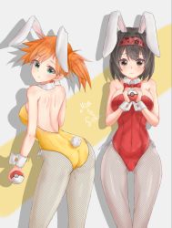 Rule 34 | 2girls, animal ears, arm strap, ass, asymmetrical hair, back, bare shoulders, bent over, black hair, blush, bow, bowtie, breasts, brown eyes, cleavage, closed mouth, creatures (company), detached collar, erika (pokemon), eye contact, fake animal ears, fishnets, game freak, green eyes, gym leader, hair between eyes, hair tie, hairband, highres, holding, large breasts, legs, legs together, leotard, looking at another, looking at viewer, looking back, masamune (rasyid.khan.965), misty (pokemon), multiple girls, navel, nintendo, orange hair, pantyhose, playboy bunny, poke ball, pokemon, pokemon (anime), pokemon (classic anime), ponytail, pussy, rabbit ears, red leotard, red neckwear, shiny skin, short hair, short shorts, shorts, side ponytail, smile, spread legs, strapless, strapless leotard, white background, wrist cuffs, yellow leotard