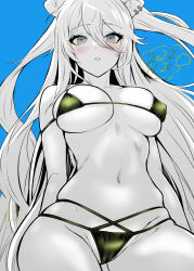 Rule 34 | 1girl, alternate costume, alto seneka, animal ears, arms behind back, bikini, blue background, blush, breasts, cleavage, commentary, covered erect nipples, cowboy shot, dated, ear piercing, eyelashes, from below, green bikini, grey eyes, greyscale with colored background, hair between eyes, highres, hololive, large breasts, lion ears, long hair, looking at viewer, micro bikini, multi-strapped bikini, navel, parted lips, partially colored, piercing, shishiro botan, simple background, skindentation, solo, standing, stomach, string bikini, swimsuit, two side up, virtual youtuber