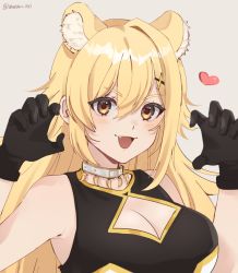 Rule 34 | 1girl, :3, :d, animal ear fluff, animal ears, armpit crease, bare arms, bare shoulders, black gloves, black shirt, blonde hair, blush, breasts, claw pose, cleavage cutout, clothing cutout, extra ears, eyelashes, fang, gloves, gold trim, grey background, hair between eyes, hair flaps, hair ornament, heart, highres, jewelry, large breasts, lion ears, lion girl, long hair, looking at viewer, necklace, open mouth, shinonome ito, shirt, sidelocks, simple background, single hair intake, sleeveless, sleeveless shirt, smile, tooth necklace, twitter username, upper body, virtual youtuber, wactor production, wanwan 020, x hair ornament, yellow eyes