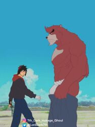 Rule 34 | 2boys, 7th dark hokage, abs, aged up, animal ears, ass, bakemono no ko, bara, bear boy, bear ears, beard, brown fur, bulge, distracted boyfriend (meme), dressing, facial hair, feet out of frame, forked eyebrows, from side, furry, furry male, furry with non-furry, highres, i&#039;ve never seen a guy recreate this successfully tbh (meme), interspecies, kumatetsu, kyuuta (bakemono no ko), large bulge, large pectorals, looking at bulge, male focus, meme, multiple boys, muscular, muscular male, nipples, open pants, pants, pants lift, pectorals, short hair, stomach, stubble, thick eyebrows, topless male, tusks, undersized clothes, upper body