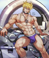 1boy abs absurdres artist_name bara black_choker blonde_hair blue_background brown_eyes bulge choker collarbone feet_out_of_frame grey_socks grin highres jack_atlas jewelry large_pectorals looking_at_viewer male_focus male_underwear muscular muscular_male navel necklace nipples pectorals purple_male_underwear short_hair smile socks solo teeth thombrownie twitter_username underwear underwear_only yu-gi-oh! yu-gi-oh!_5d&#039;s