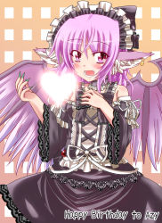 Rule 34 | 1girl, :d, animal ears, bad id, bad pixiv id, bare shoulders, blush, choker, claws, cross mirage (hirahara), detached sleeves, dress, earrings, female focus, fingernails, frills, hairband, happy birthday, heart, highres, jewelry, lace, lolita fashion, long fingernails, mystia lorelei, open mouth, pink eyes, ribbon, slit pupils, smile, solo, touhou, wide sleeves, wings