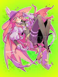 1girl black_bodysuit bodysuit cropped_jacket demon_girl demon_wings duel_monster evil_twin_ki-sikil full_body gloves green_background hat highres jacket ki-sikil_(yu-gi-oh!) long_hair purple_gloves purple_hat purple_jacket red_hair simple_background smirk solo sunglasses watermark wings yu-gi-oh! yukitaka_(zzzzz)