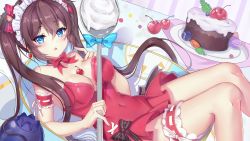 Rule 34 | 1girl, :o, absurdres, aqua bow, arm garter, blue eyes, blush, bow, breasts, bridal garter, brown bow, brown hair, cake, cherry, cleavage, collarbone, commentary request, covered navel, earrings, fingernails, food, food-themed earrings, food-themed hair ornament, food themed earrings, fruit, hair between eyes, hair bow, hair ornament, highres, holding, holding spoon, jewelry, knees up, leotard, loki1998, long hair, looking at viewer, lying, maid headdress, medium breasts, nail polish, on back, original, pink nails, plate, red bow, sidelocks, solo, spoon, strapless, strapless leotard, strawberry earrings, strawberry hair ornament, twintails, very long hair