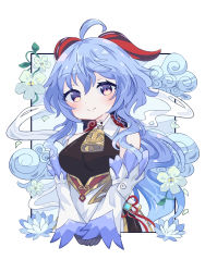 Rule 34 | absurdres, ahoge, bell, black gloves, blue hair, blush, bow, bowtie, breasts, chinese knot, detached sleeves, flower, flower knot, ganyu (genshin impact), genshin impact, gloves, gold trim, highres, horns, long hair, looking at viewer, medium breasts, melonbread, multicolored eyes, neck bell, petals, sidelocks, smile, solo, upper body, vision (genshin impact), white flower, white sleeves, wide sleeves