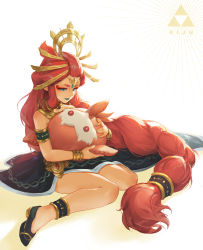 Rule 34 | ace86, blue eyes, blue lips, braid, braided ponytail, button eyes, buttons, character name, dark-skinned female, dark skin, eyeshadow, gerudo, highres, holding, holding stuffed toy, jewelry, lipstick, long hair, makeup, neck ring, nintendo, red hair, riju, sitting, stuffed toy, the legend of zelda, the legend of zelda: breath of the wild, thick eyebrows, triforce, very long hair