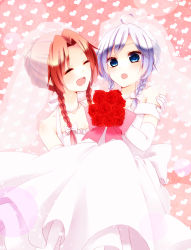 Rule 34 | 2girls, alternate costume, alternate hairstyle, bare shoulders, blue eyes, bouquet, braid, bridal veil, carrying, chitose (usacan), closed eyes, collarbone, commentary, dress, elbow gloves, flower, folded hair, gloves, hair between eyes, hair ribbon, hair up, heart, heart background, highres, hong meiling, izayoi sakuya, jewelry, long hair, multiple girls, necklace, open mouth, parted bangs, pink background, princess carry, red hair, ribbon, silver hair, simple background, touhou, tress ribbon, twin braids, veil, wedding dress, wife and wife, yuri