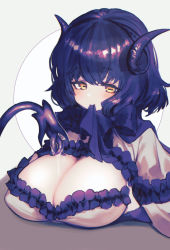Rule 34 | 1girl, blush, bow, breasts, cleavage, closed mouth, covered erect nipples, curled horns, demon horns, demon tail, eyeshadow, fingernails, frills, hair between eyes, hands on own breasts, horizontal pupils, horns, long fingernails, makeup, mouth hold, nail polish, original, oshiruko (tsume), purple bow, purple eyes, purple eyeshadow, purple hair, purple horns, purple nails, purple tail, short hair, slime (substance), smile, solo, tabletop rpg, tail, very long fingernails, yellow eyes