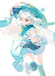 Rule 34 | 1girl, arm up, baifeidaiwang, blue eyes, blue hair, blue kimono, closed mouth, creatures (company), game freak, hand on headwear, hat, hat ornament, hatsune miku, highres, japanese clothes, kimono, long hair, long sleeves, looking at viewer, low-tied long hair, nintendo, poke flute, pokemon, project voltage, sandogasa, simple background, solo, standing, standing on one leg, star (symbol), star hat ornament, steel miku (project voltage), twintails, very long hair, vocaloid, white background, white footwear, wide sleeves