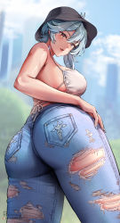 Rule 34 | 1girl, ass, ass focus, bare shoulders, bikini, black hat, blue hair, blue pants, blue sky, blurry, blurry background, blush, breasts, contemporary, denim, earrings, eula (genshin impact), foxyreine, genshin impact, hat, highres, huge ass, jeans, jewelry, large breasts, looking at viewer, looking back, medium hair, orange eyes, pants, parted lips, sidelocks, sky, solo, swimsuit, thighs, torn clothes, torn pants, white bikini