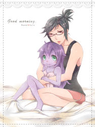 Rule 34 | 2girls, bad id, bad pixiv id, black hair, camisole, colored skin, english text, glasses, height difference, highres, hug, hug from behind, ichancat, league of legends, lulu (league of legends), multiple girls, pointy ears, purple hair, purple skin, vayne (league of legends), size difference