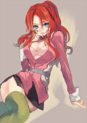 Rule 34 | 1girl, arm support, blue eyes, bra, breasts, flay allster, green thighhighs, gundam, gundam seed, half updo, lips, long hair, looking at viewer, military, military uniform, open clothes, open shirt, pink bra, ponytail, red hair, shirt, skirt, smile, solo, thighhighs, tibino, underwear, uniform