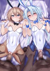 Rule 34 | 2boys, 2girls, absurdres, animal ears, blanc (neptunia), breasts, censored, clothed female nude male, crotchless, dark-skinned male, dark skin, fake animal ears, fishnets, highres, holding hands, interlocked fingers, leotard, lying, mosaic censoring, multiple boys, multiple girls, neptune (series), nude, nyamota, on back, penis, playboy bunny, pussy, rabbit, sex, short hair, spread legs, vaginal, white heart (neptunia)