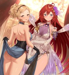 Rule 34 | 2girls, ahoge, alexiel (noble triteleia) (granblue fantasy), ass, back, bare shoulders, black gloves, blonde hair, blue dress, blue eyes, blush, breasts, brown eyes, collarbone, djeeta (granblue fantasy), dress, earrings, elbow gloves, fumato, gloves, godsworn alexiel, granblue fantasy, hairband, halter dress, halterneck, highres, jewelry, large breasts, long hair, looking at viewer, looking back, multiple girls, pelvic curtain, red hair, short hair, short ponytail, sideboob, smart elegance (granblue fantasy), smile, thighs, tongue, tongue out, underbust, very long hair, white dress, white gloves